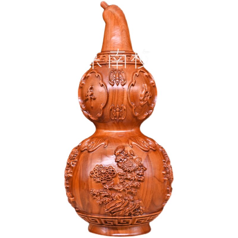 桃木四季平安葫芦花瓶酒柜摆件梅兰竹菊实木雕刻大号卧室装饰品