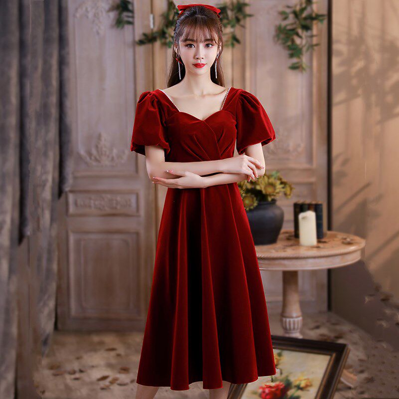 新娘敬酒服2024年新款红色结婚晚礼服裙钉珠中长款连衣裙孕妇可穿