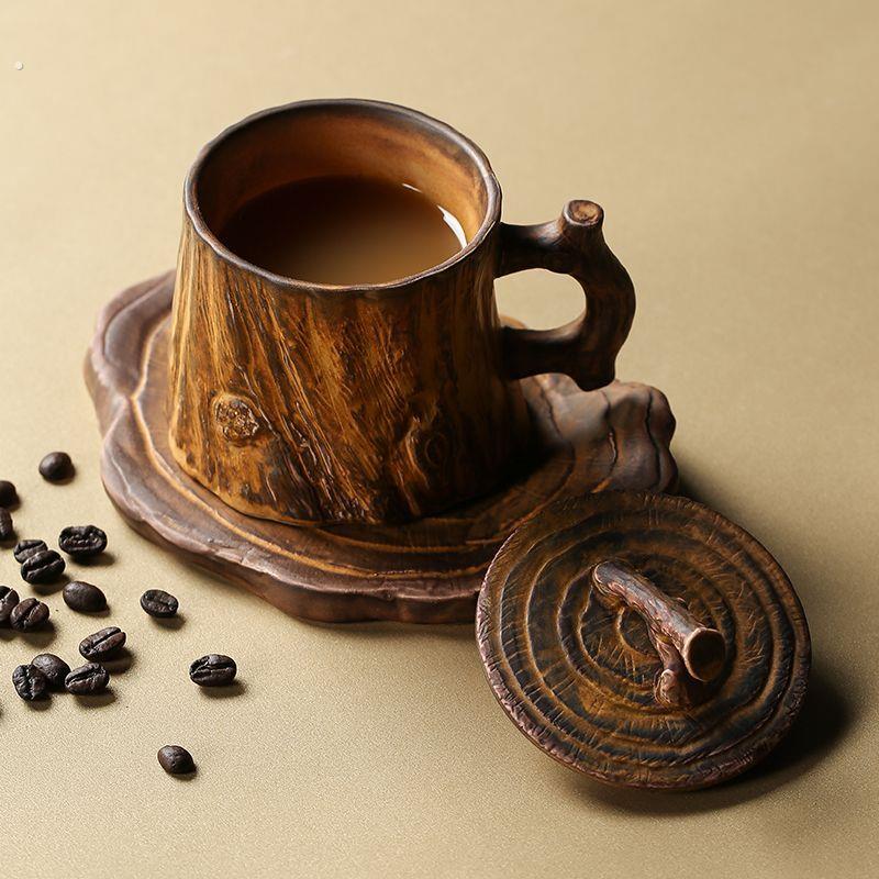 中古手作杯子手工粗陶复古咖啡杯碟套装创意手冲咖啡杯带盖陶瓷
