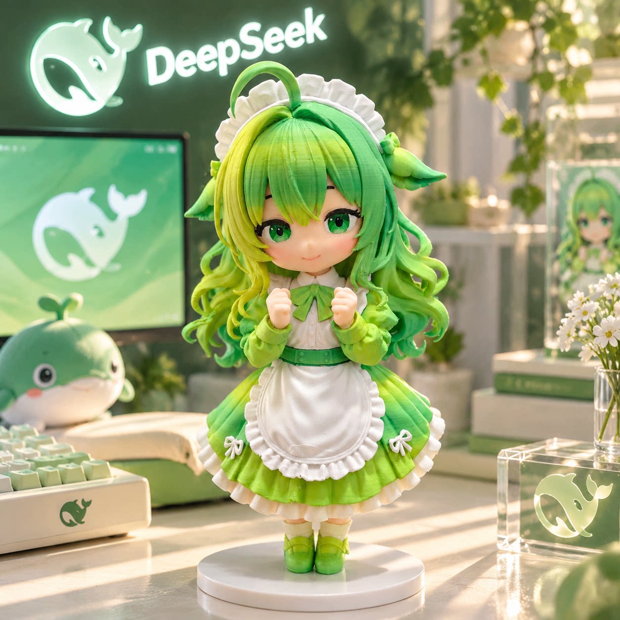 限定DeepSeek大肥鱼Q版机娘手办3D打印女仆装桌搭收藏品潮玩摆件