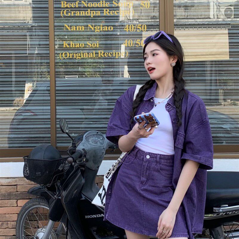 XIAOANQI美式街头牛仔短袖外套半身裙套装复古港风裙子紫色a字女