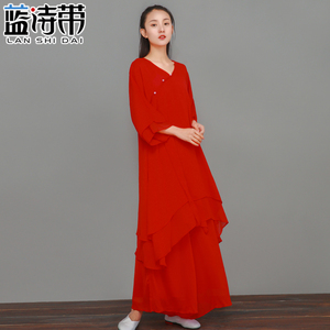 飘逸中国风白色禅意禅修禅舞服女汉服文艺宽松中长款连衣裙两件套