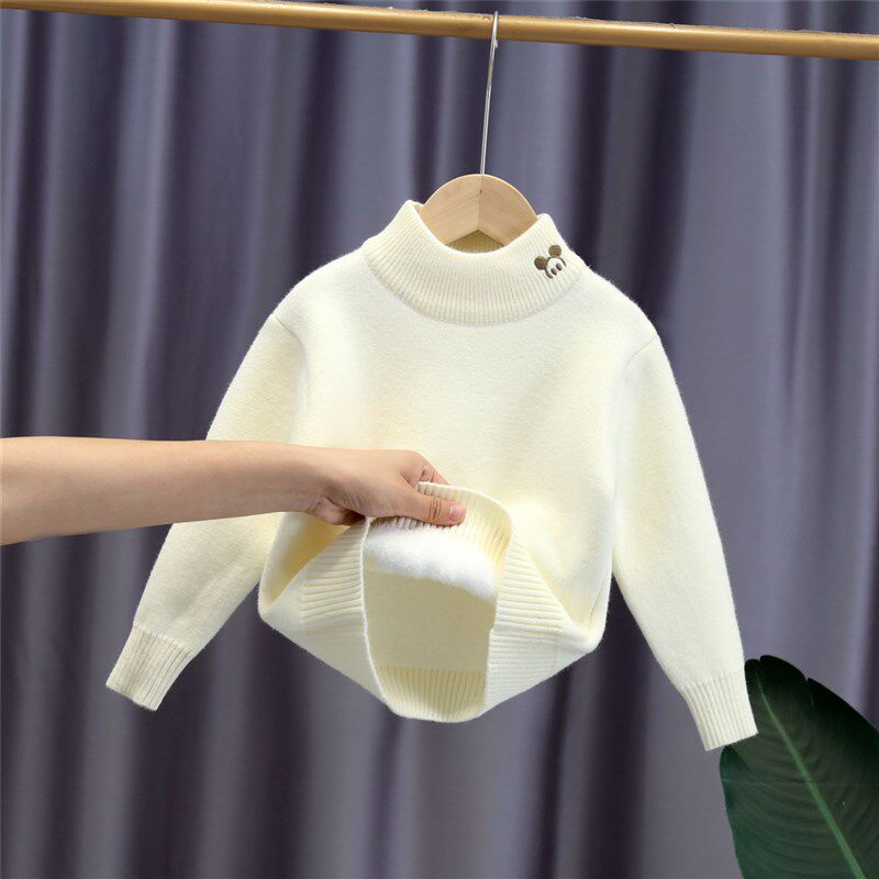 儿童打底毛衣加厚一体绒套头衫冬季男童小男孩白色内搭宝宝针织衫