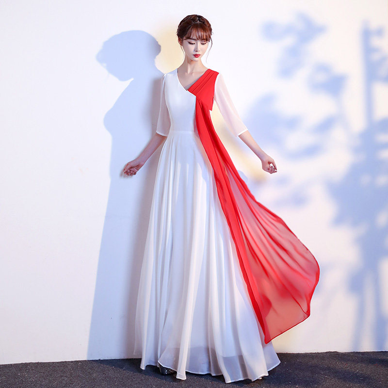 大合唱团演出服女长裙2022新款气质大码礼服红歌比赛表演显瘦服装