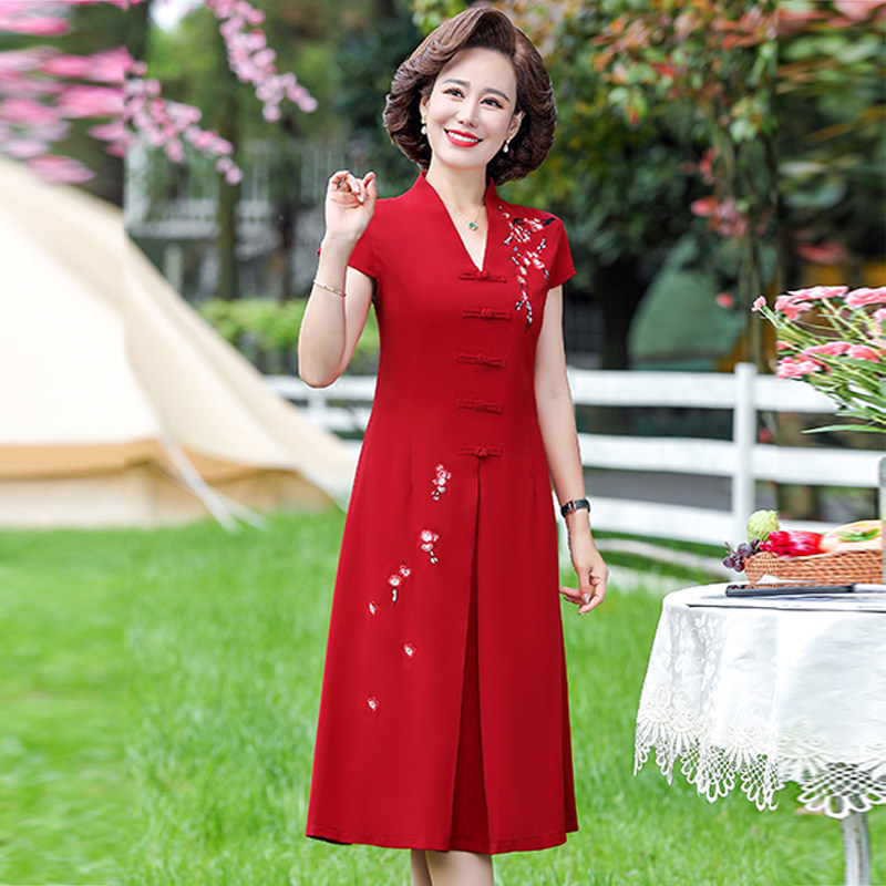 夏季女中老年妈妈装红色过膝薄款短袖雪纺婚礼婚宴礼服连衣裙长裙