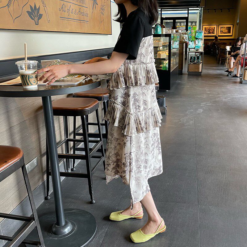 法式2024夏装新款大码女装胖mm碎花拼接假两件显瘦雪纺连衣裙女