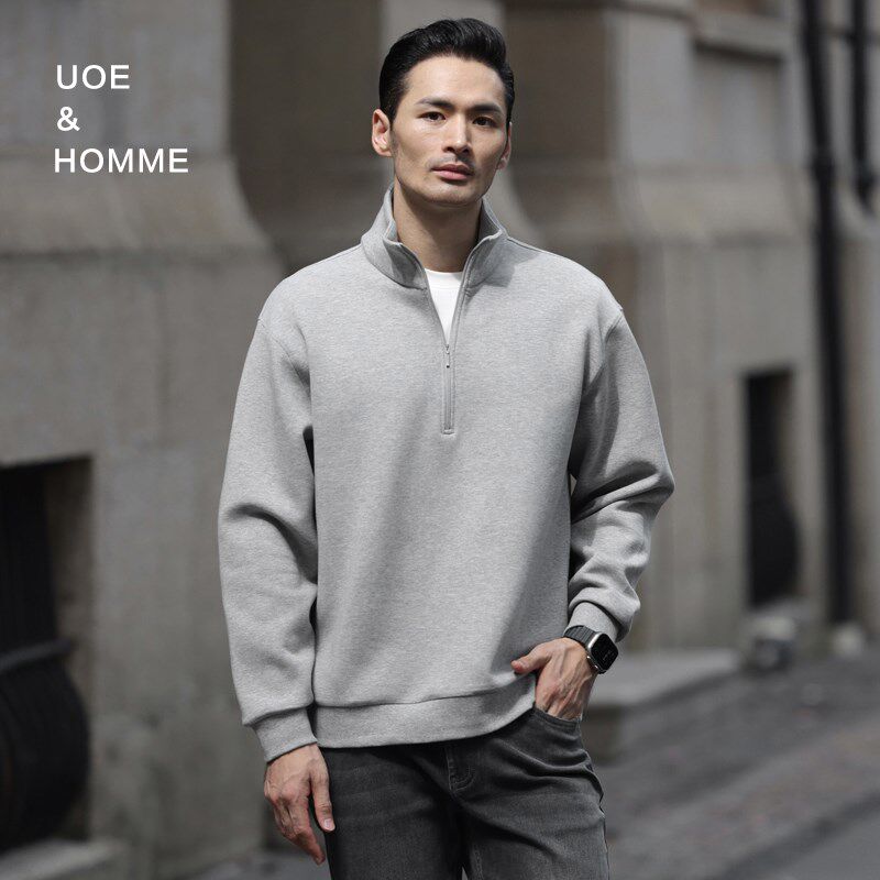 UOE秋季新品基础百搭空气层轻盈保暖半开襟男士立领卫衣宽松外套