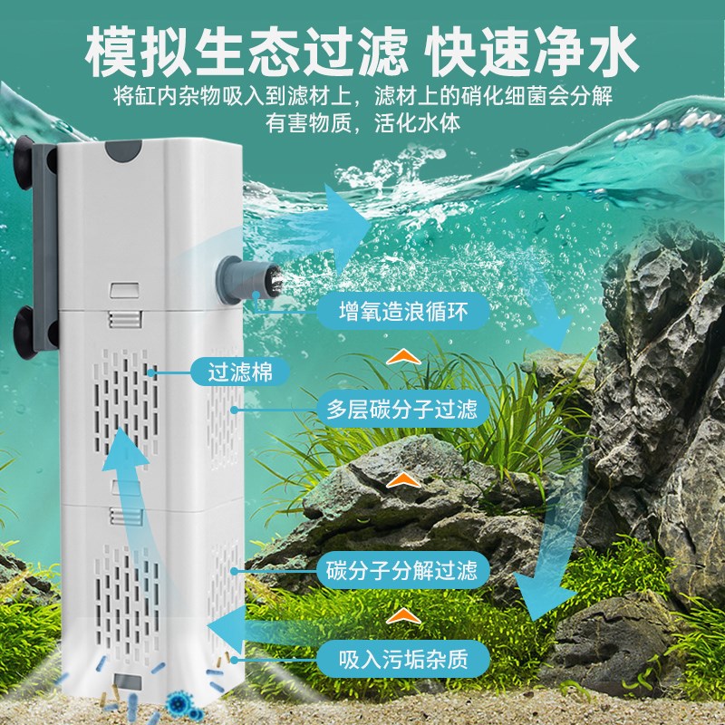 京业家用鱼缸过滤器净水循环三合一内置式增氧一体机静音抽水造浪