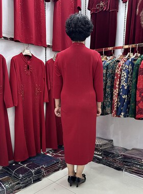 高档立领旗袍式收腰妈妈连衣裙女2023喜庆结婚婆婆婚宴红色礼服新