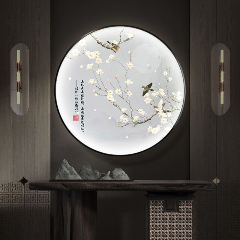 通体全面发光带灯装饰画客厅玄关新中式九鱼挂画圆形葫芦灯箱壁画