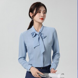 巴慕拉领创宝马4S店修身女士蓝色长袖衬衫工装工作服职业雪纺衬衣