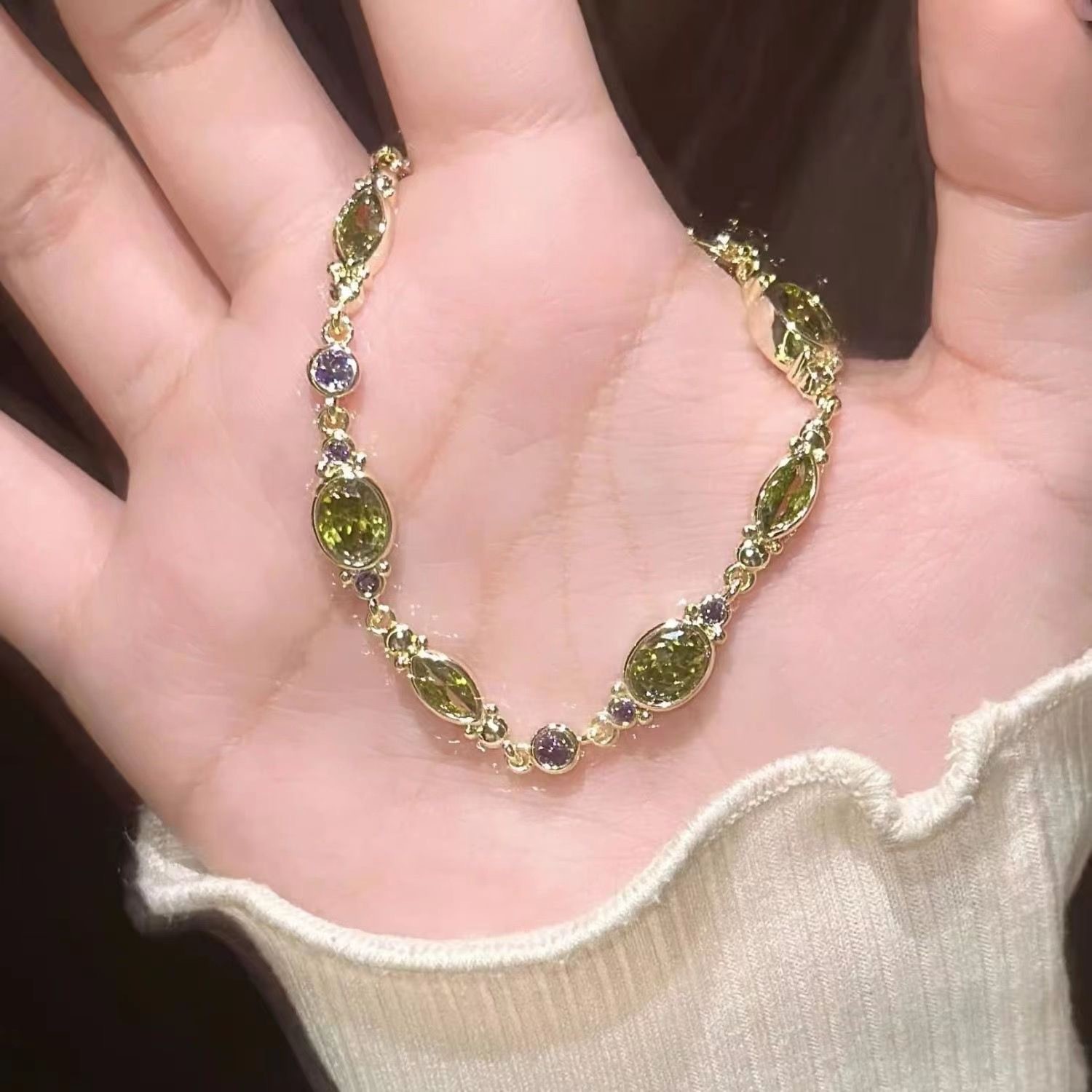 【一物一证】S999纯银链女轻奢气质小众高级感精致超闪橄榄绿手饰