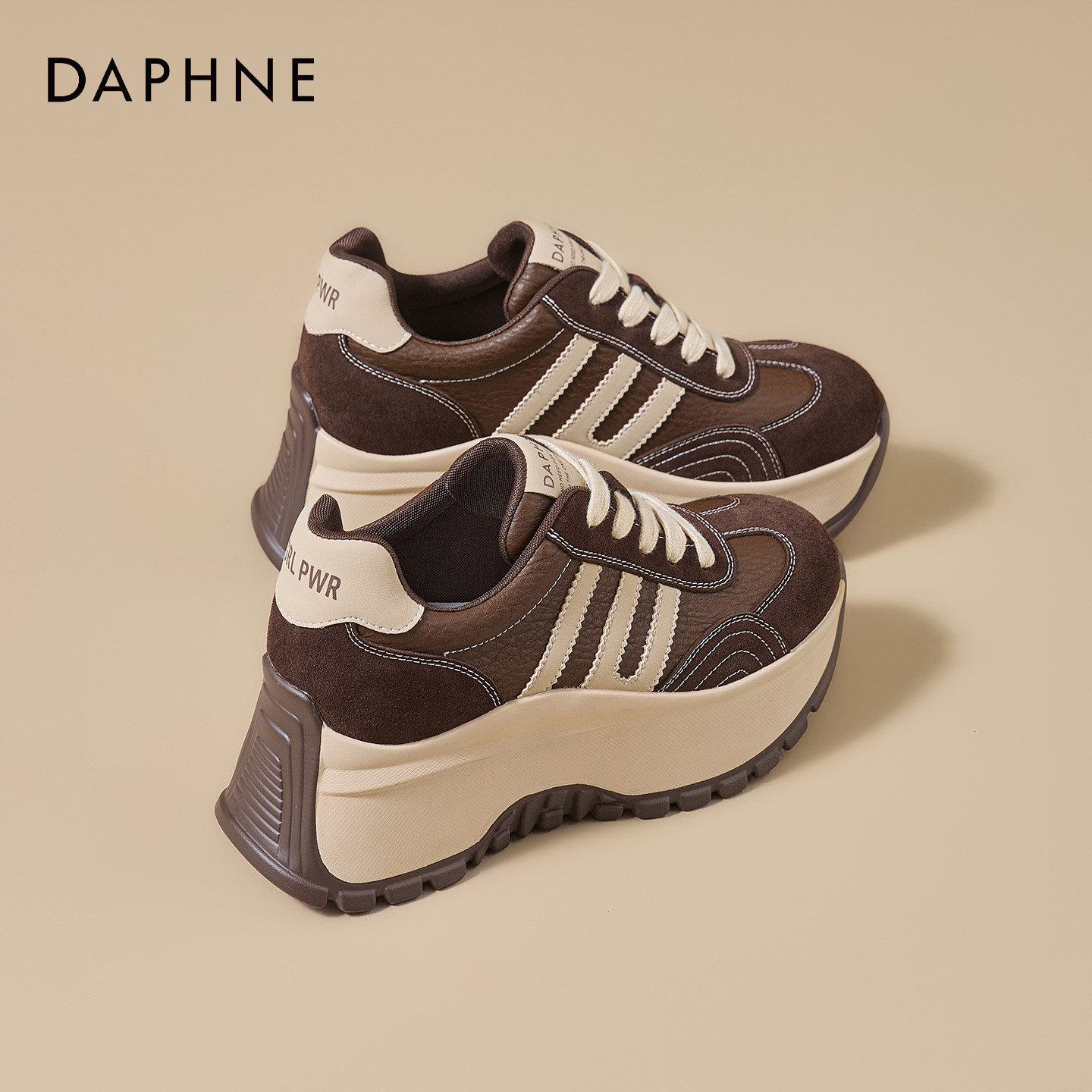 Daphne/达芙妮厚底德训鞋女秋季内增高复古棕色休闲运动鞋小个子