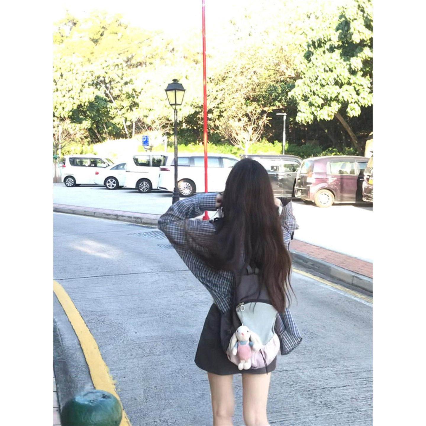 国潮牌复古纽扣蓝色格子衬衫女春秋宽松设计感百搭慵懒防晒外套潮