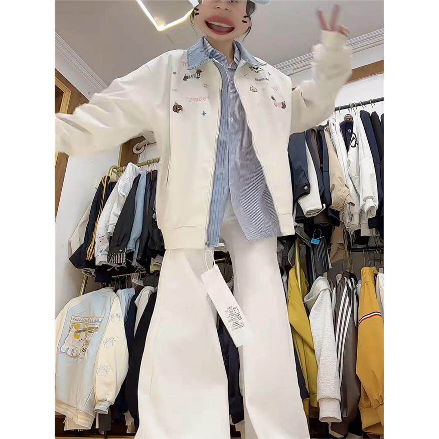 美式覆古可爱狗狗刺绣假两件开衫外套女春秋季宽松休闲棒球服夹克