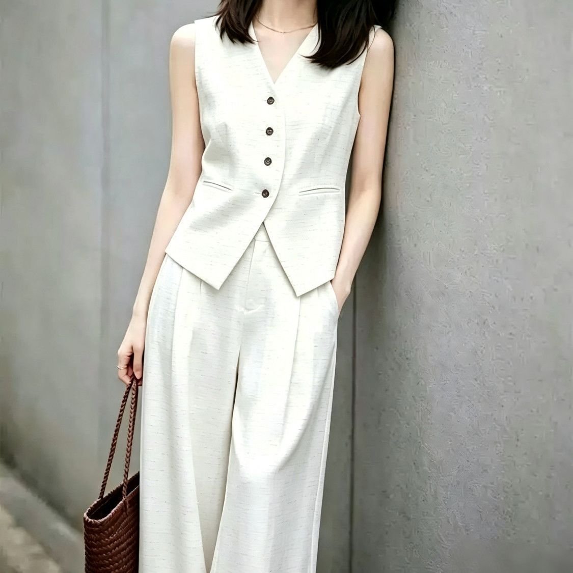时尚亚麻套装女2026夏季气质高级感棉麻西装马甲上衣阔腿裤两件套
