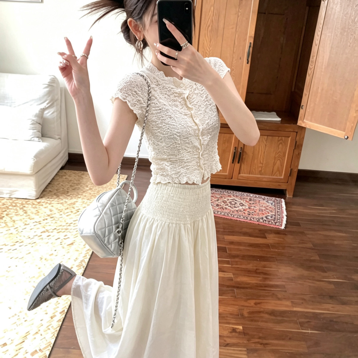 FEIMAO菲猫-十三行韩系穿搭淡人休闲褶皱背心+半身裙女套