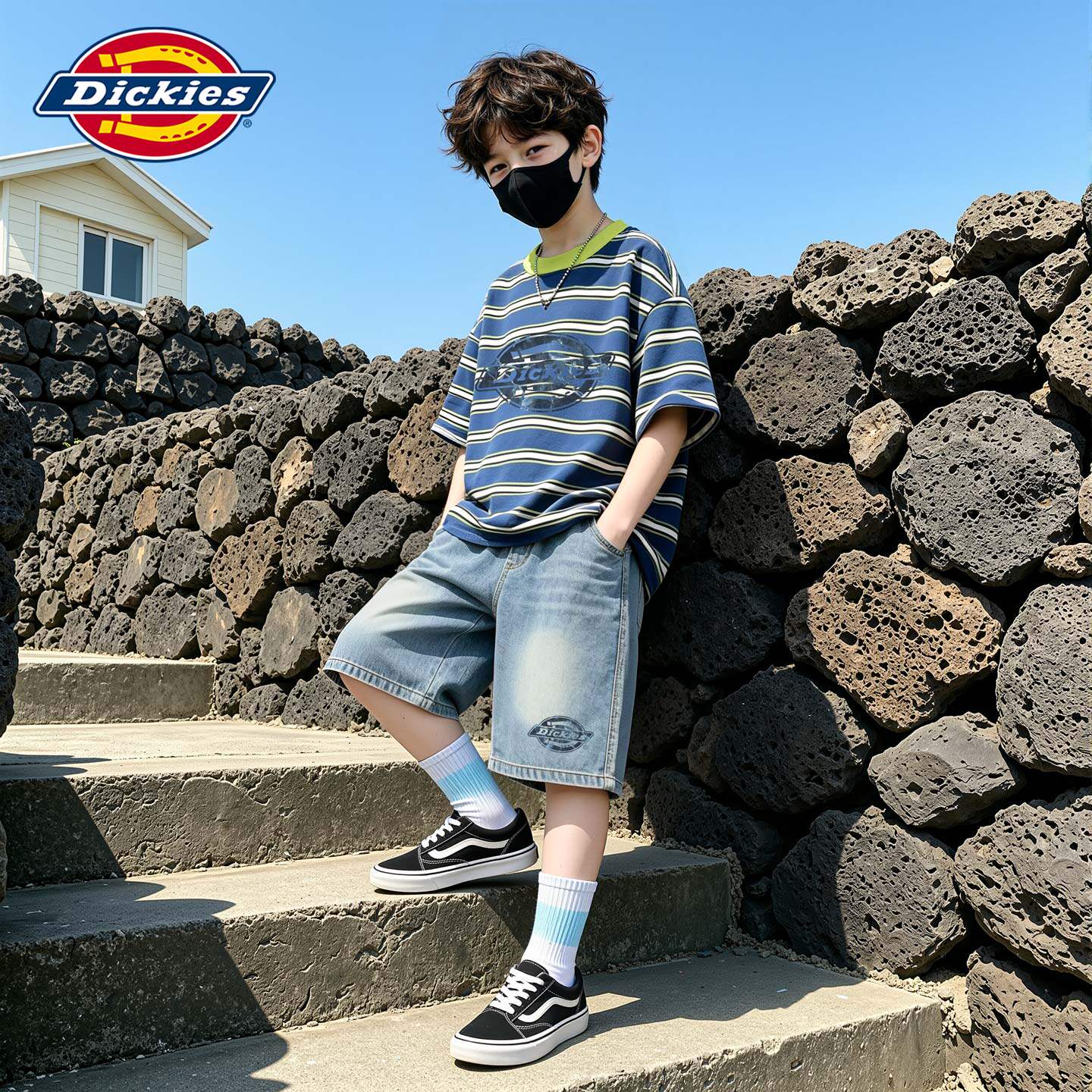 Dickies男童夏薄款套装2026新款儿童条纹短袖宽松帅气牛仔五分裤