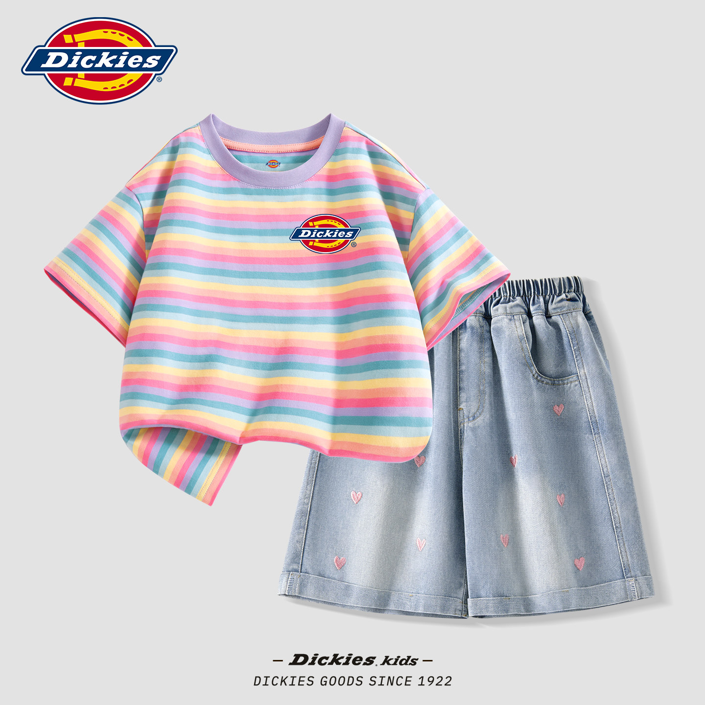 Dickies儿童套装夏季2026新款女童条纹t恤独特夏装女孩五分牛仔裤图片