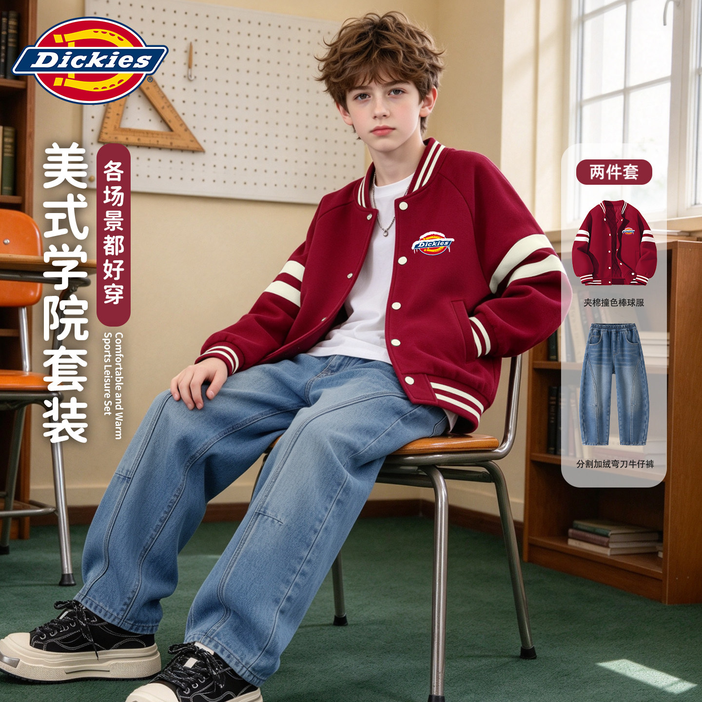 Dickies男童冬季套装2026新款男孩夹棉棒球服外套冬装儿童牛仔裤