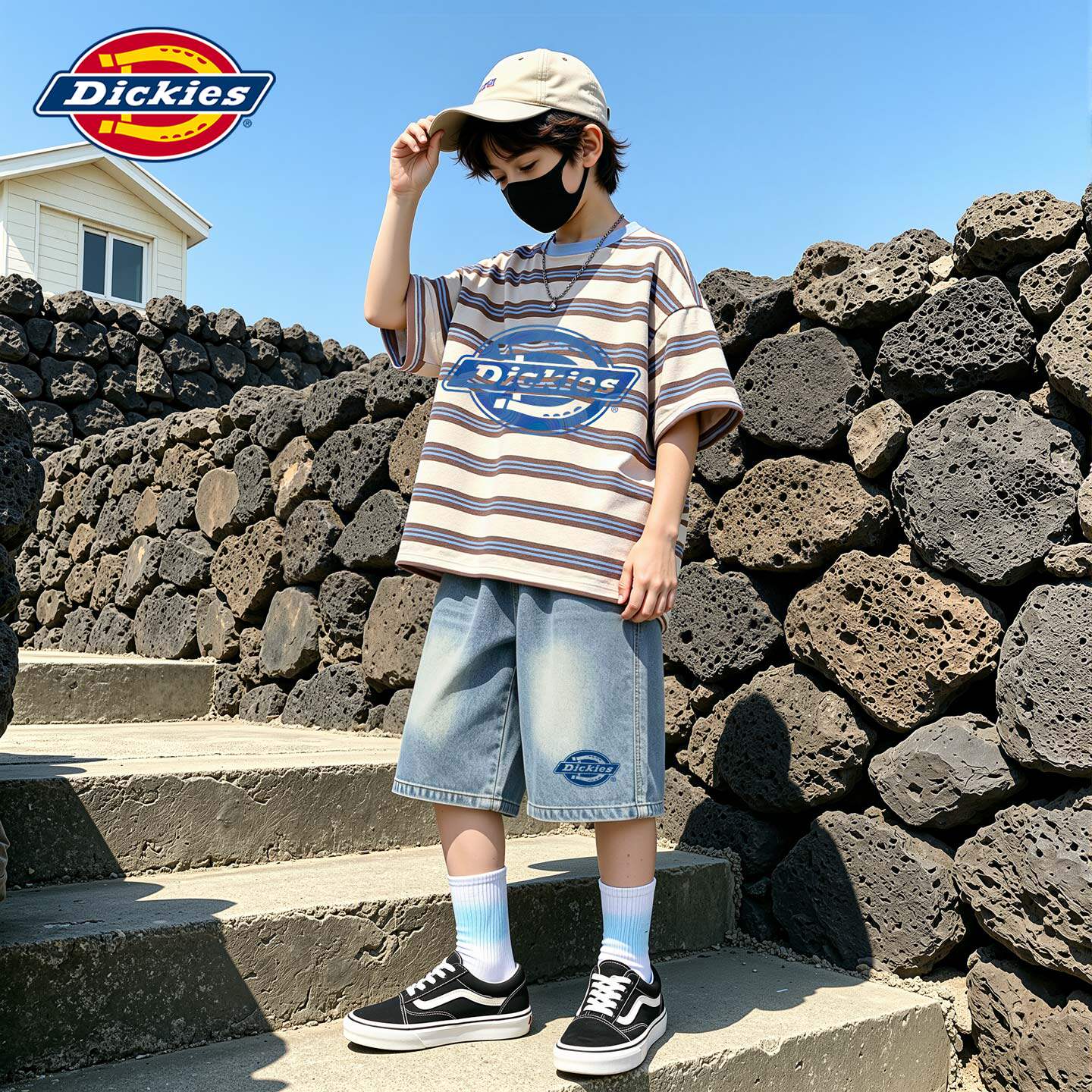 Dickies男童套装夏季2026新款男孩五分牛仔裤儿童痞帅风条纹短袖