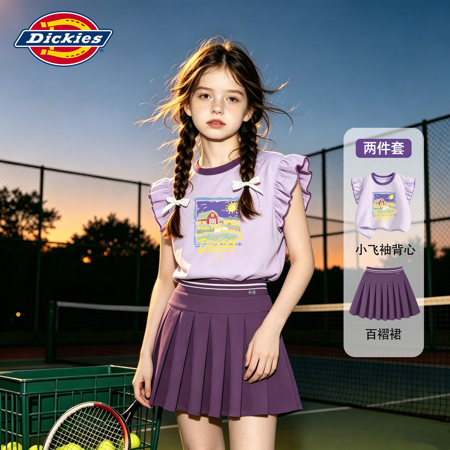 Dickies女童夏季套装2026新款运动服儿童纯棉宽松背心女孩百褶裙图片