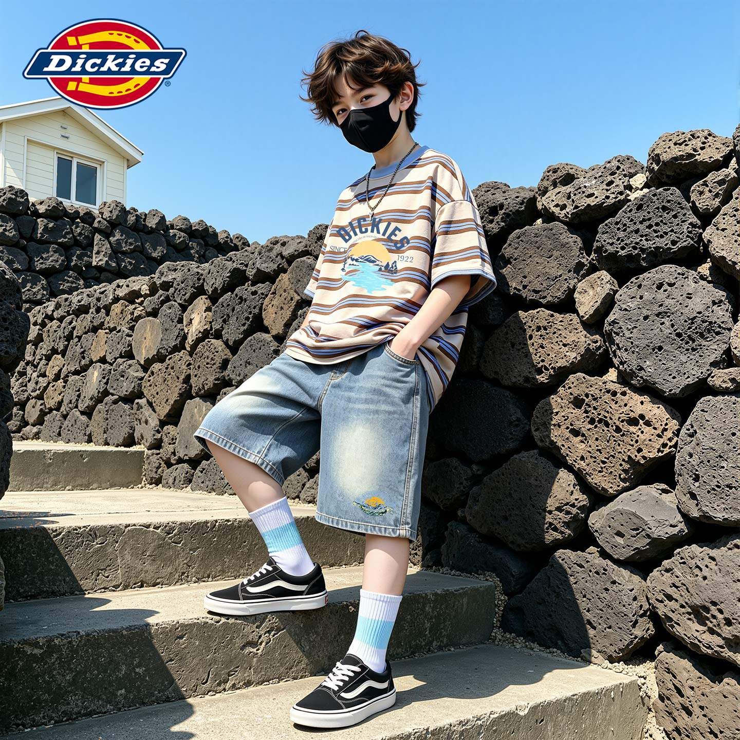 Dickies男童短袖套装夏2026新款儿童纯棉衣服条纹时尚男孩牛仔裤