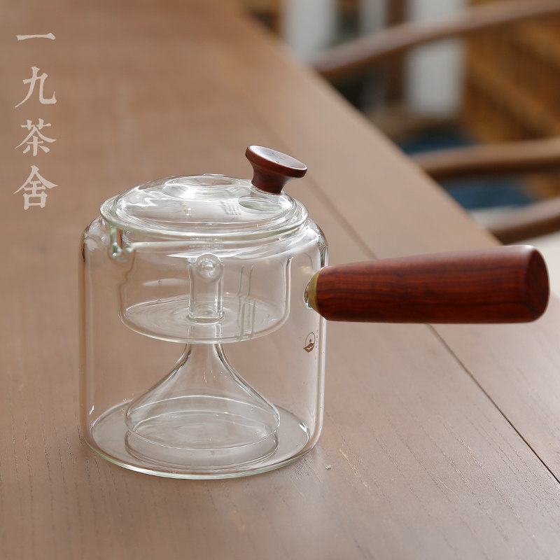 一九茶舍 新羽手工耐热玻璃蒸茶壶 实木侧把壶 烧水壶 煮茶壶茶具