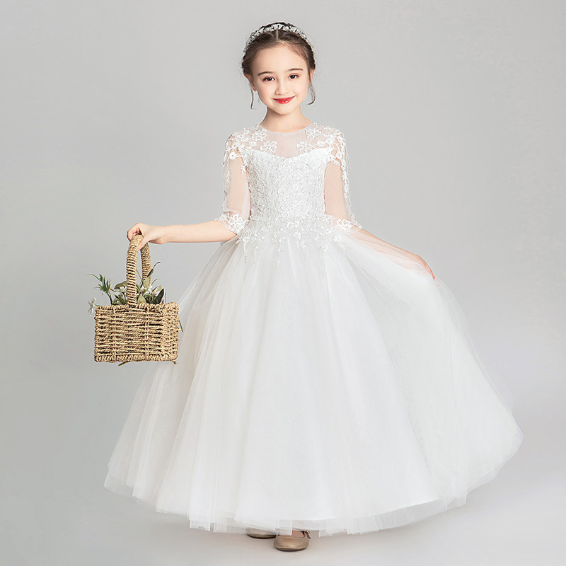 女童晚礼服公主裙白色纱裙小女孩花童婚纱蓬蓬儿童钢琴演出服洋气