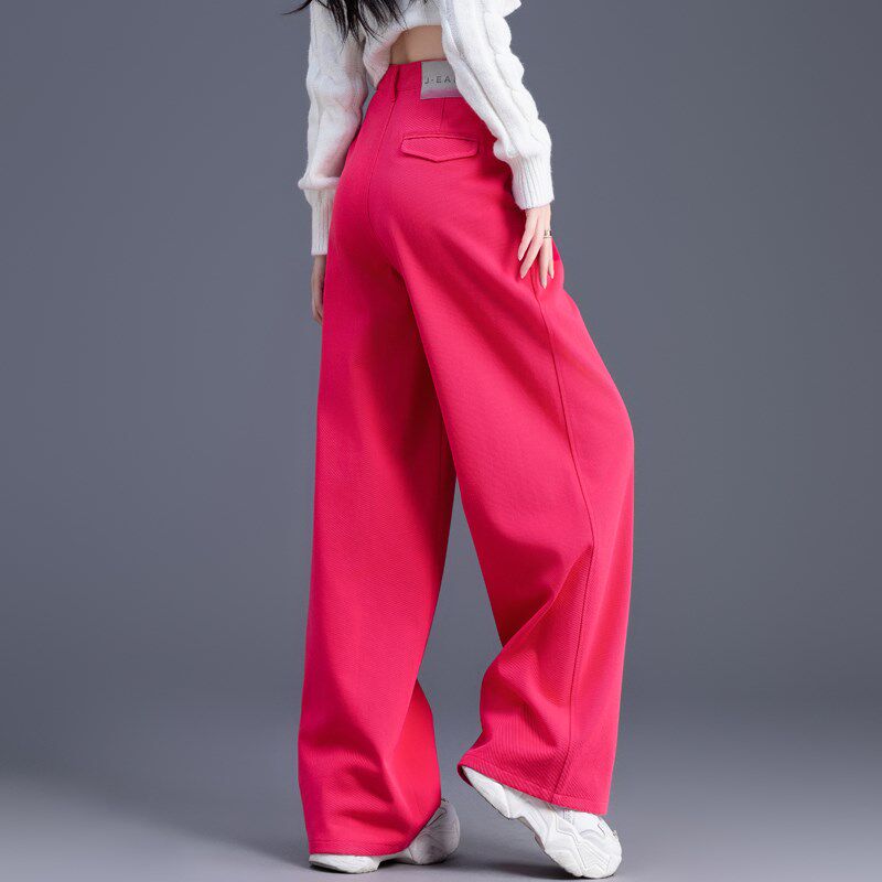 高腰显瘦2025年新款玫红色牛仔裤女春秋直筒宽松美式大阔腿裤长裤