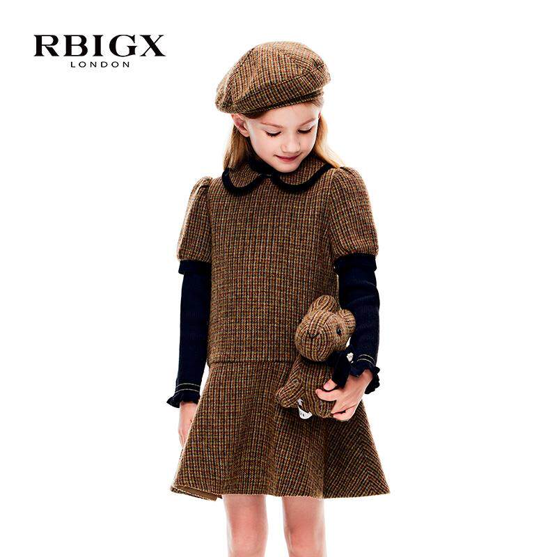 RBIGX瑞比克童装冬季新款女童格纹羊毛雅丹风娃娃领甜美连衣裙