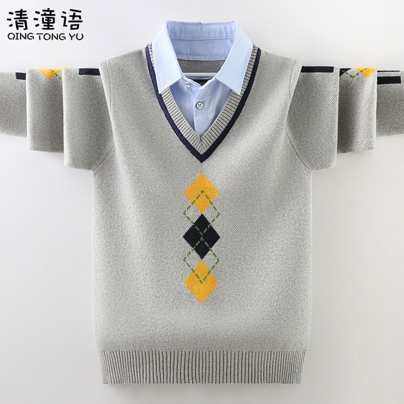 男童毛衣假两件套头秋冬款2022新款儿童针织衫内搭毛衣中大童加厚