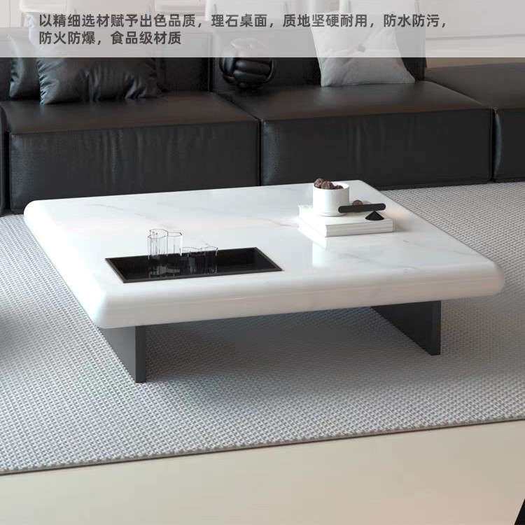 2025款新款意式极简设计师威尼斯棕盒子大理石正方形客厅悬浮茶几
