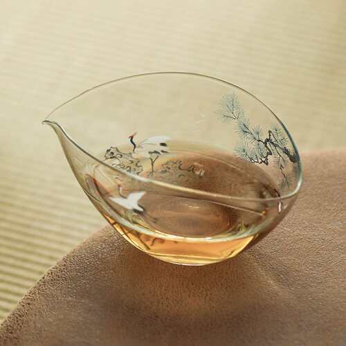 青松白鹤公道杯玻璃高档分茶器茶具配件扁舟公杯家用倒茶器耐高温