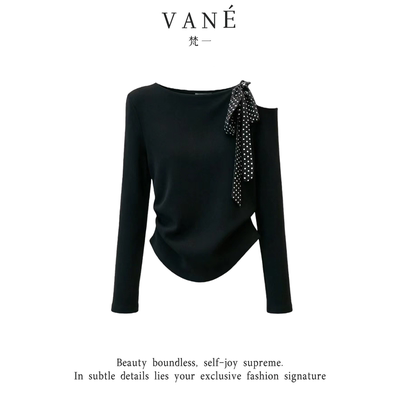 【入驻首秀】斜领露肩T恤女波点飘带褶皱收腰显瘦小个子上衣