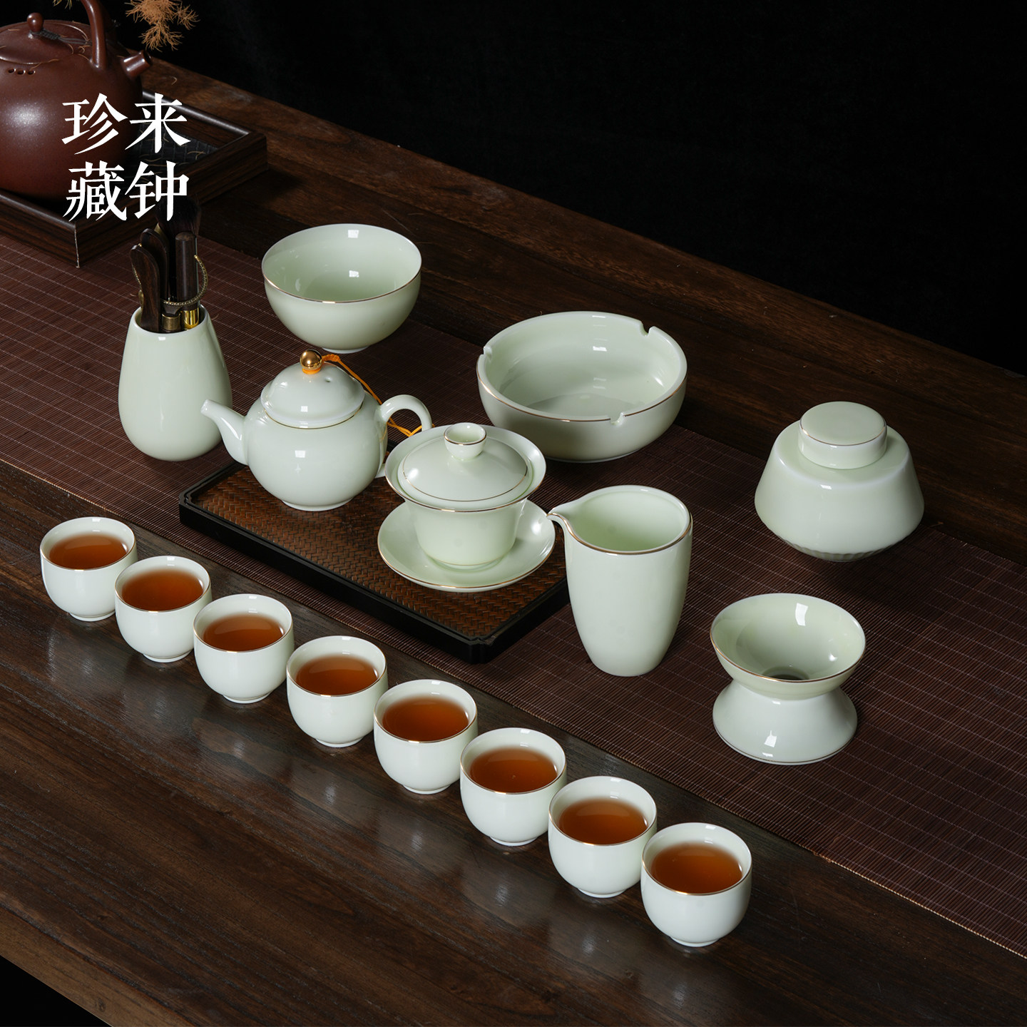功夫茶具套装高档轻奢茶壶家用陶瓷办公室羊脂玉黄釉描金盖碗礼盒
