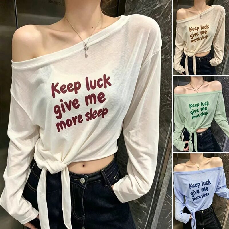 夏季斜肩字母防晒长袖T恤女