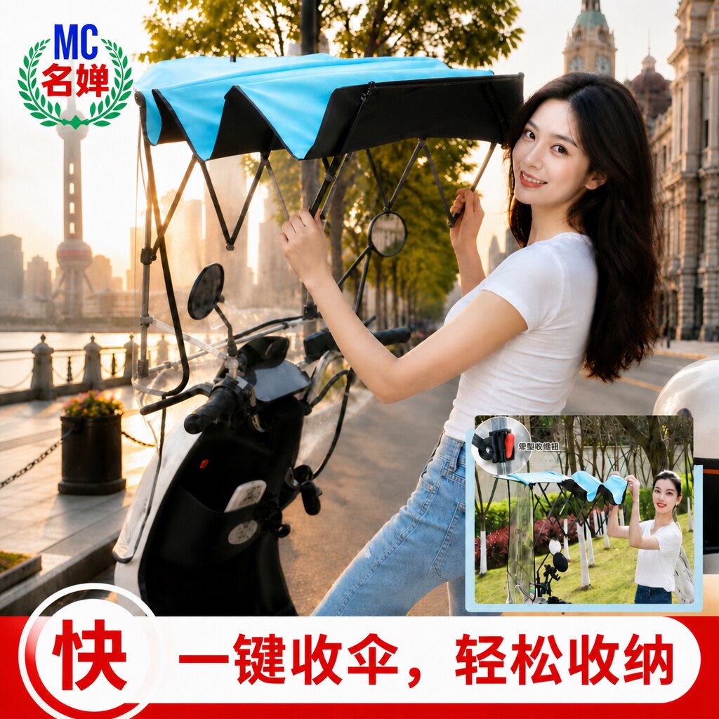 名婵电动车雨棚篷电瓶摩托车防风挡雨防晒伸缩式遮阳伞可折叠新款图片