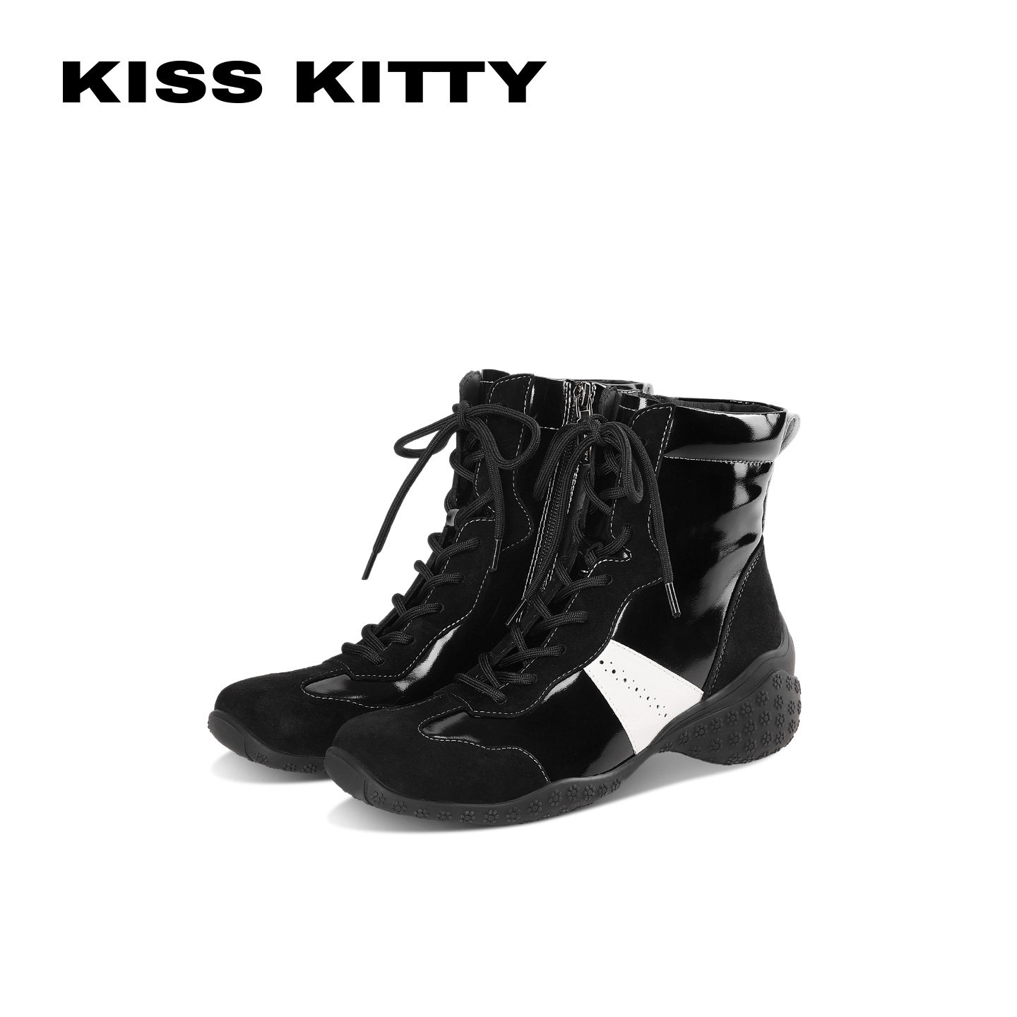 KISSKITTY英伦复古运动风马丁靴女黑色高帮绑带撞色拳击靴系带靴
