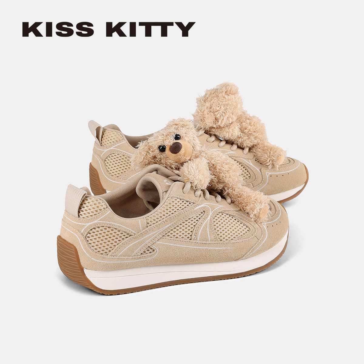 KISSKITTY春季可爱风小熊装饰德训鞋女厚底休闲运动鞋深口女板鞋