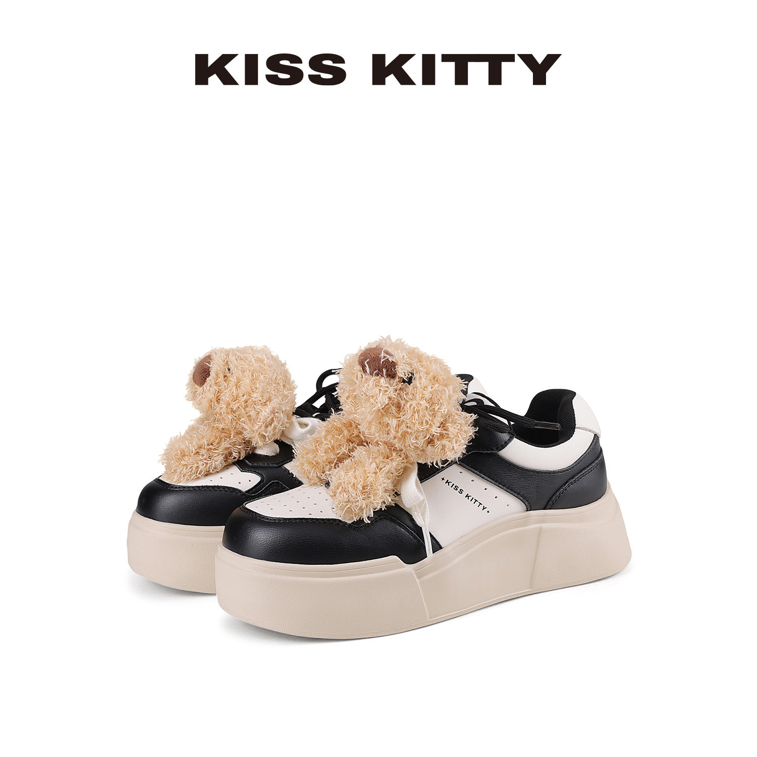 KISSKITTY可爱风小熊装饰厚底板鞋女黑白撞色增高休闲鞋系带女鞋