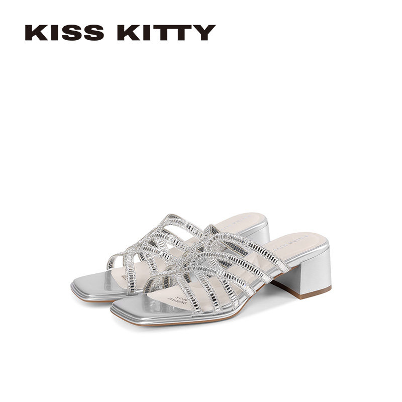KISSKITTY水钻编织高跟凉鞋女粗跟一脚蹬绝美银色露趾厚底女鞋
