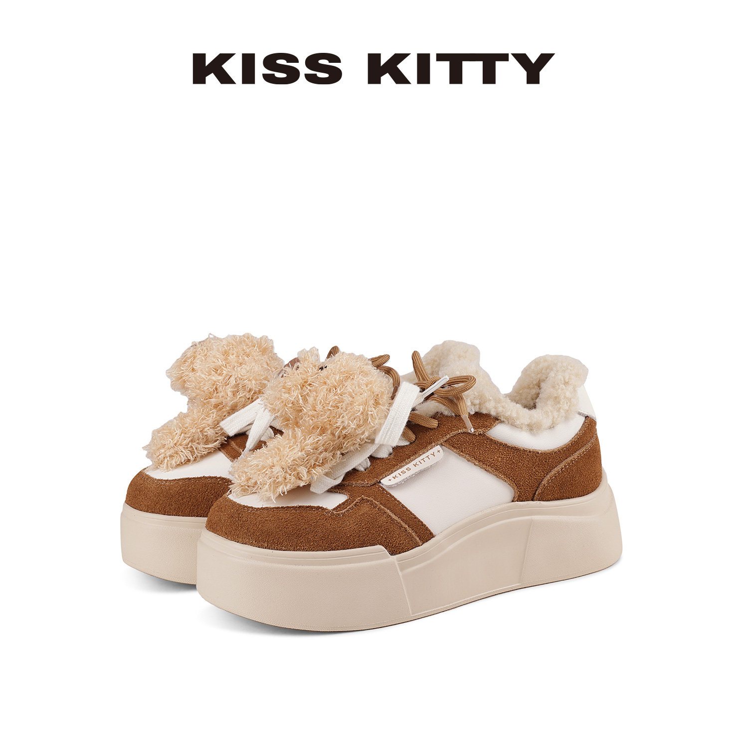 KISSKITTY可爱风毛绒小熊厚底板鞋女增高休闲鞋女鞋绒面毛毛鞋