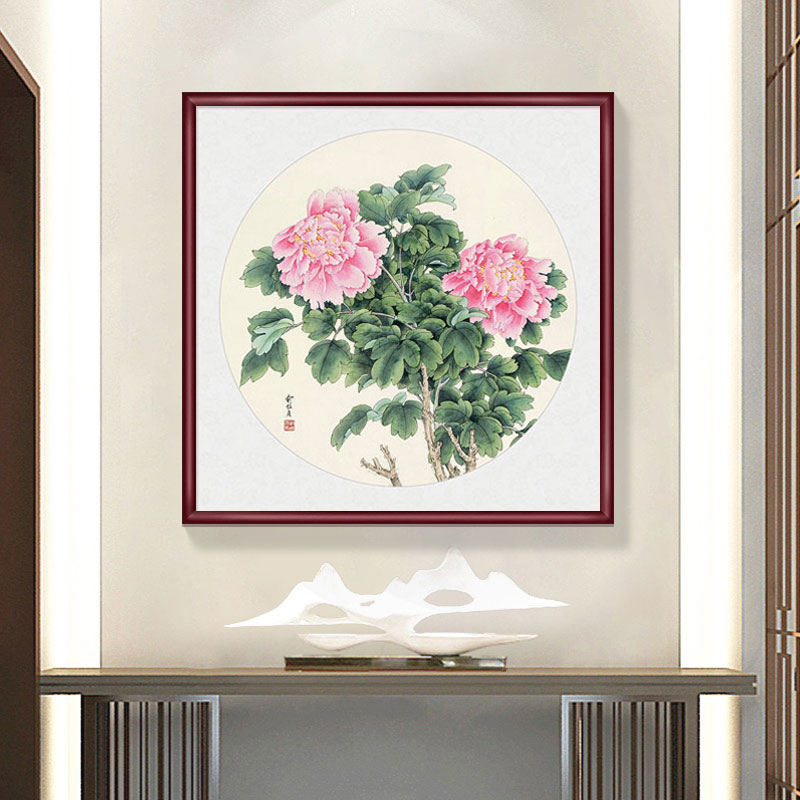 新中式国画牡丹挂画玄关墙面装饰画开花富贵客厅餐厅高清微喷实木