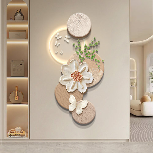 奶油风入户玄关装饰画高级感走廊尽头创意多层立体挂画发光灯壁画