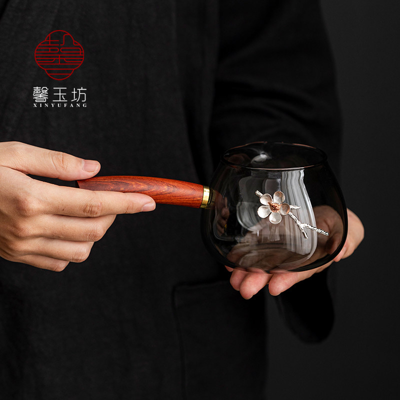 创意菸灰玻璃侧把公道杯高档锡花分茶器耐高温泡茶杯功夫茶具茶漏