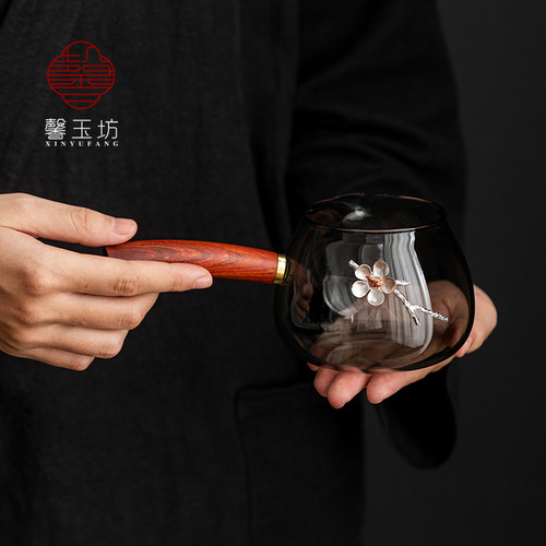 创意菸灰玻璃侧把公道杯高档锡花分茶器耐高温泡茶杯功夫茶具茶漏