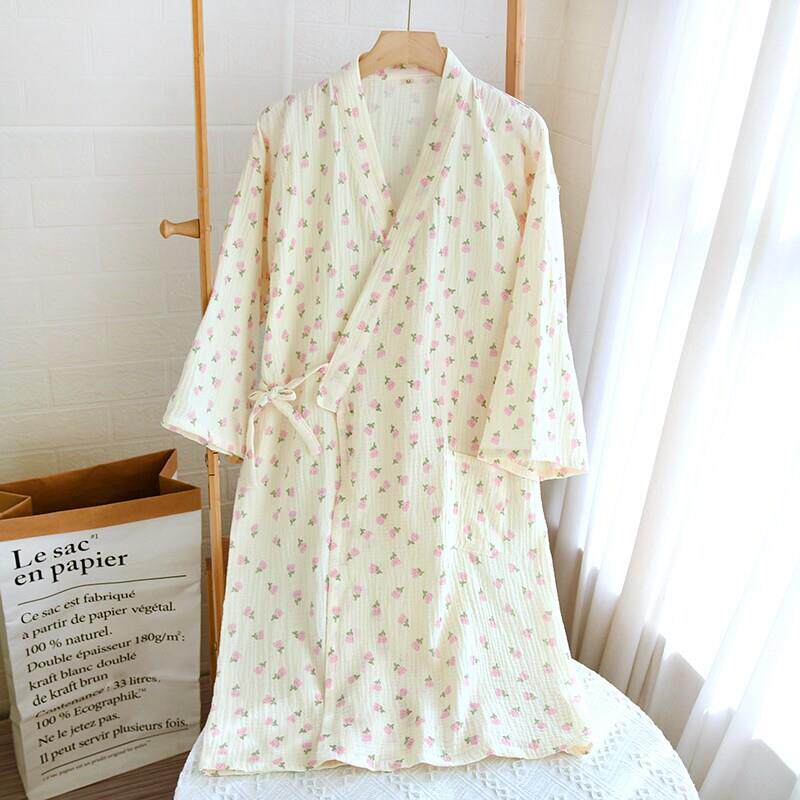 睡23051101袍女薄款纯棉双层纱全棉绉布新休闲夏中长款和清布服式