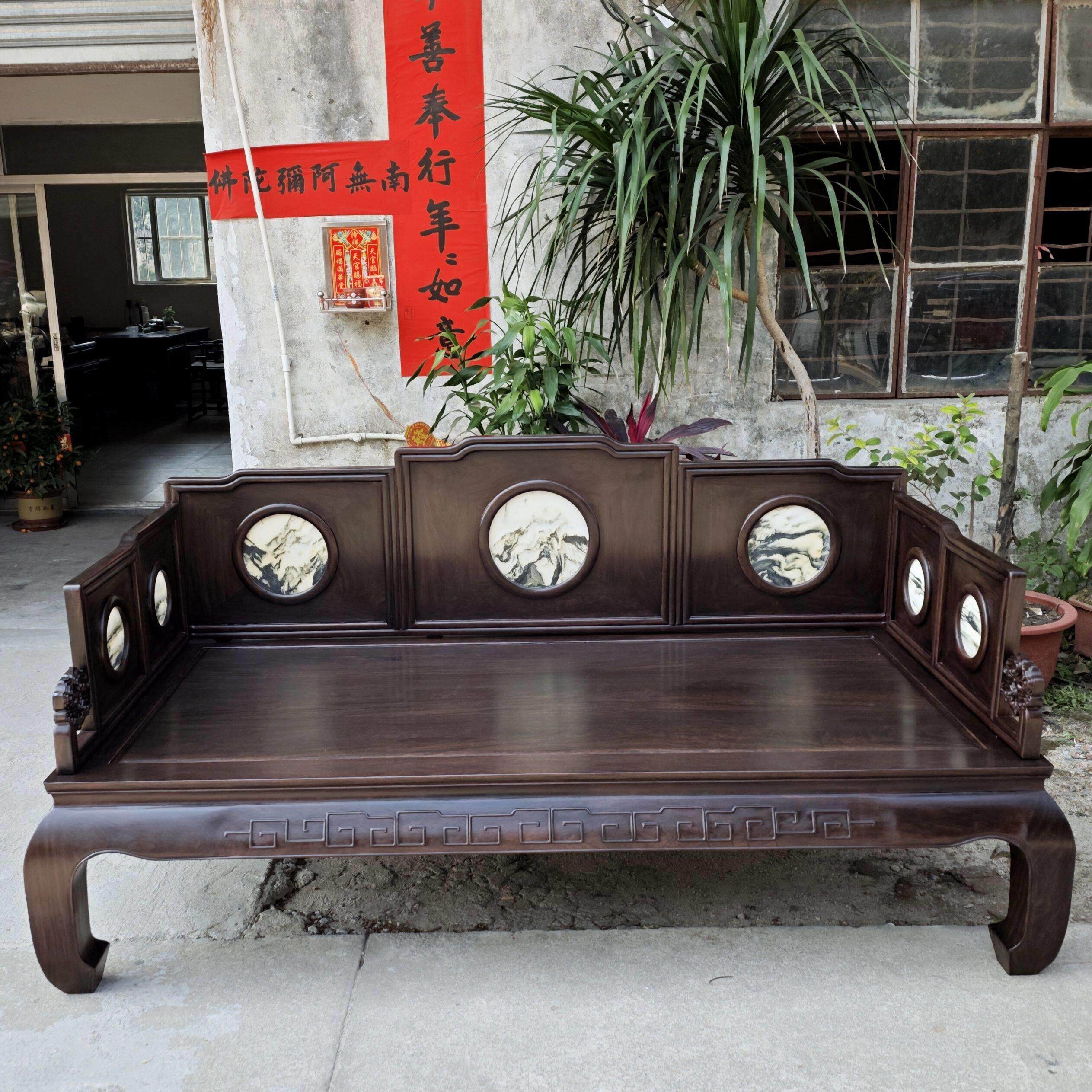 红木罗汉床,国明古清典黑檀木593镶嵌理石七大屏睡椅,非洲黑檀