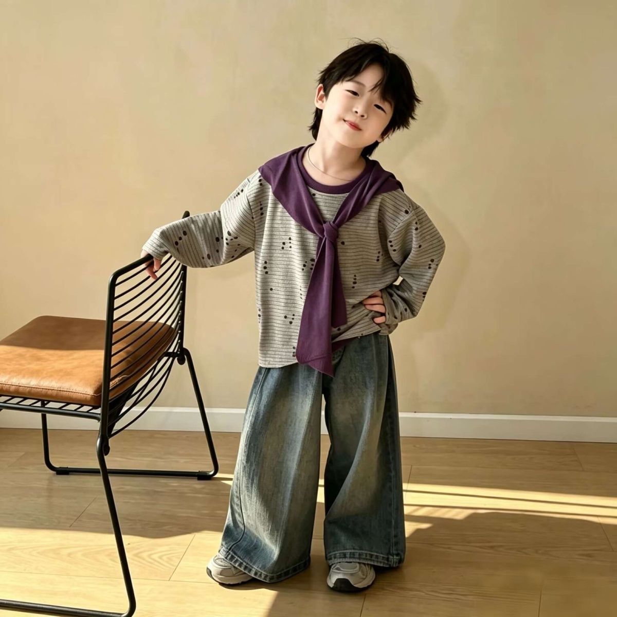 男童春秋条纹卫衣新款套装中小童2026披肩打底衫韩版牛仔裤两件套
